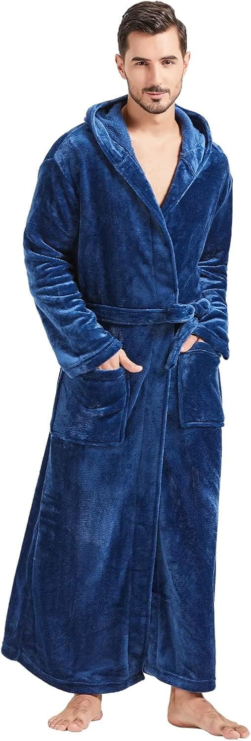 FashGudim Men's Big and Tall Hooded Robe Long Full Length Plush Fleece Bathrobe for Tall Men Warm House Coat with Pockets