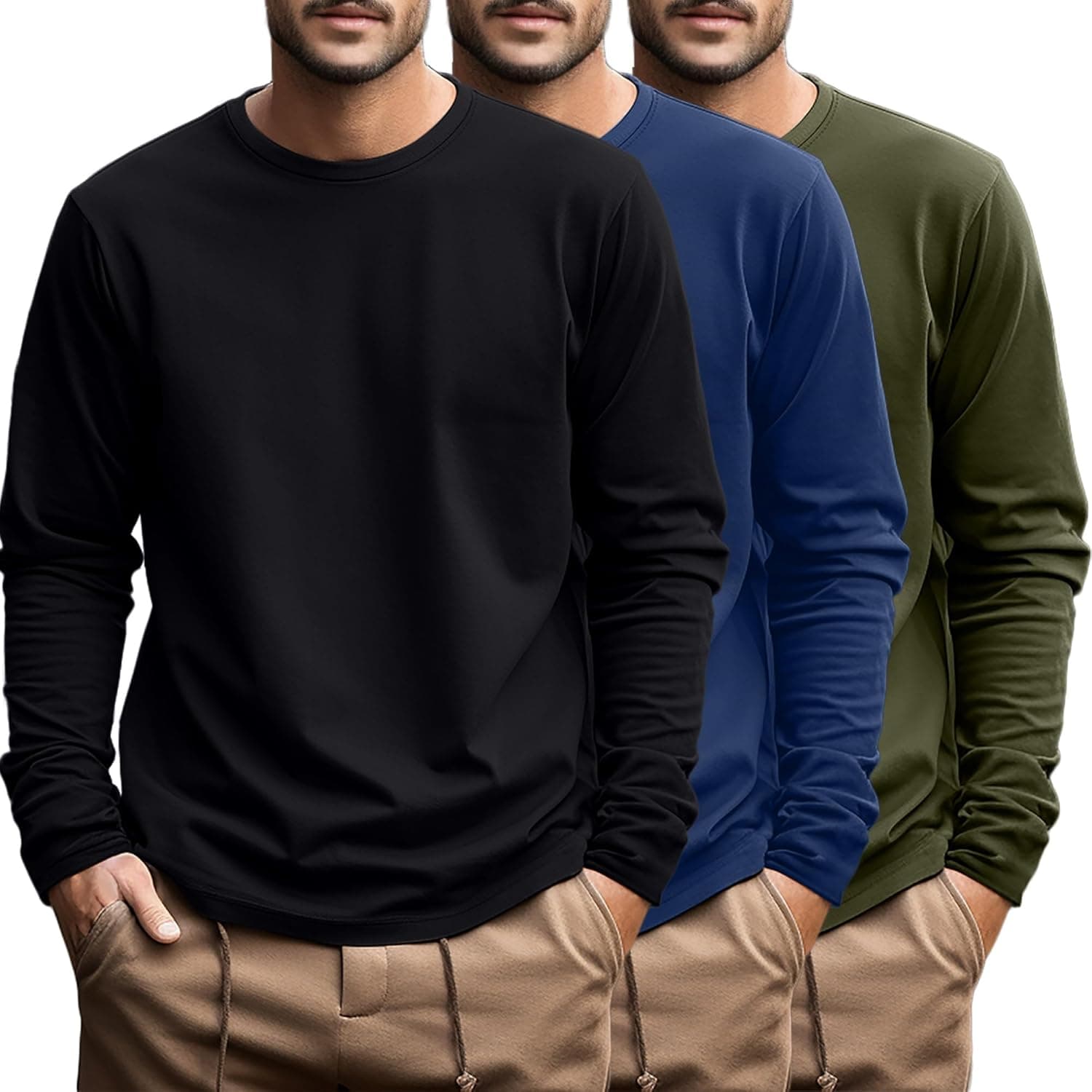 Ficerd 3 Pack Men's Big and Tall Long Sleeve Cotton Crew Neck Tee